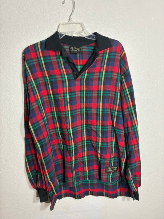 The Vermont Flannel Co Plaid Polo Shirt Mens L Red Navy Green Vintage