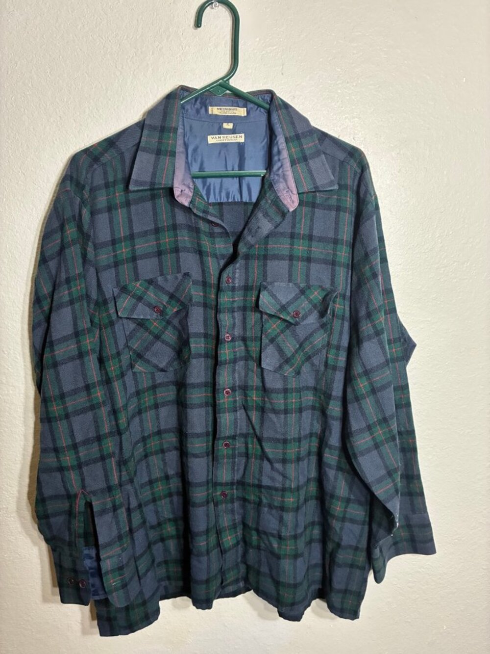 Van Heusen Winterweights Flannel Shirt Mens XL Navy Green Plaid Lined